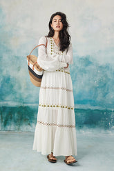 Boho Long White V-neck Long Sleeves Dress